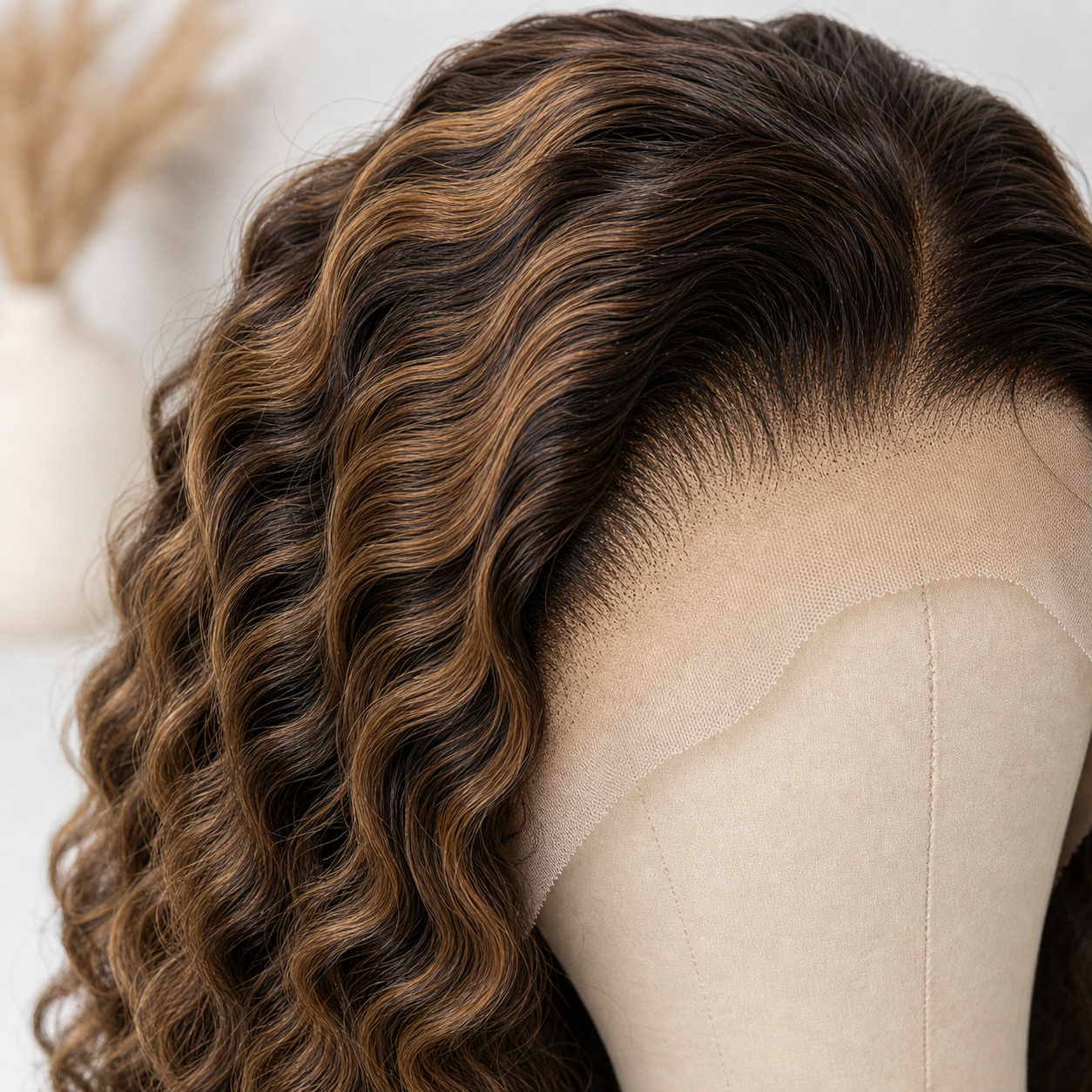 BONANZA Honey Brown Highlight Water Wave 13x4 Lace Front Wig lace and highlighted wave detail
