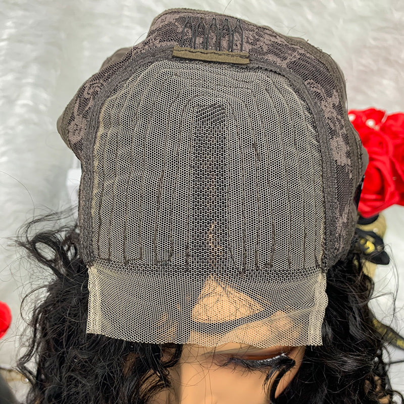 NATURE Machine Made No Lace Fringe Water Wave Curls Bob Wigs With Bangs