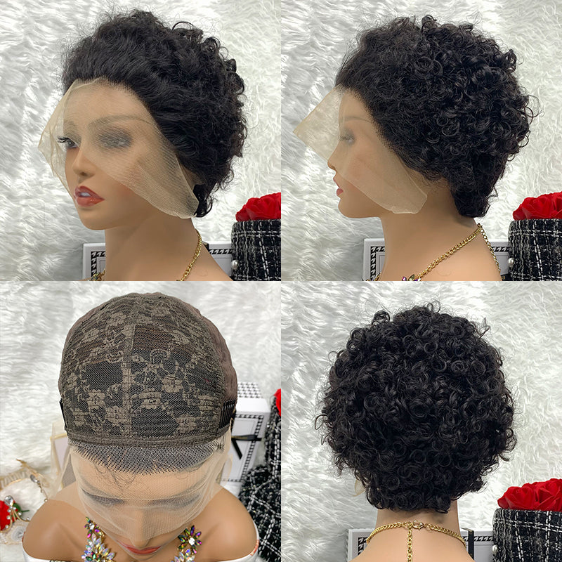 13x1 Brazilian 100% Virgin Hair Pixie Wig Curly Remy Transparent Lace Short Curly Wigs