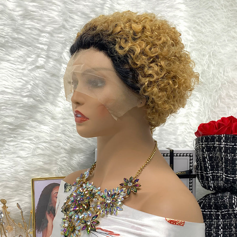 13x1 Brazilian 100% Virgin Hair Pixie Wig Curly Remy Transparent Lace Short Curly Wigs
