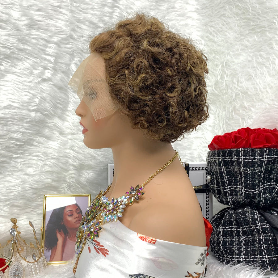 13x1 Brazilian 100% Virgin Hair Pixie Wig Curly Remy Transparent Lace Short Curly Wigs