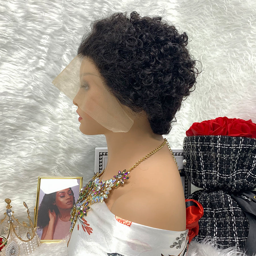 13x1 Brazilian 100% Virgin Hair Pixie Wig Curly Remy Transparent Lace Short Curly Wigs