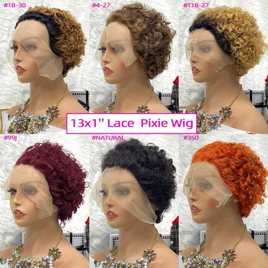 13x1 Brazilian 100% Virgin Hair Pixie Wig Curly Remy Transparent Lace Short Curly Wigs
