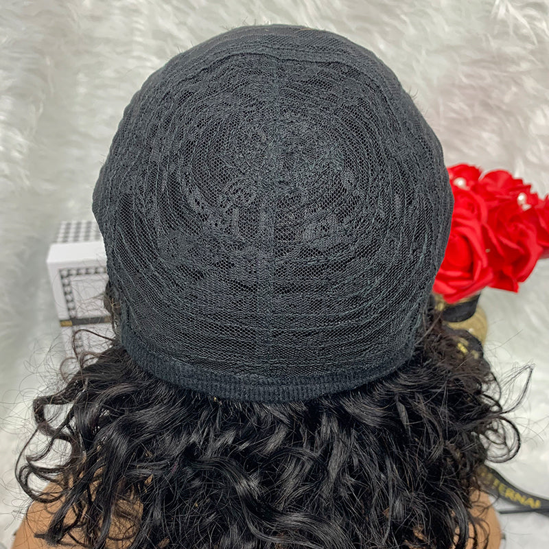 NATURE Machine Made No Lace Fringe Water Wave Curls Bob Wigs With Bangs