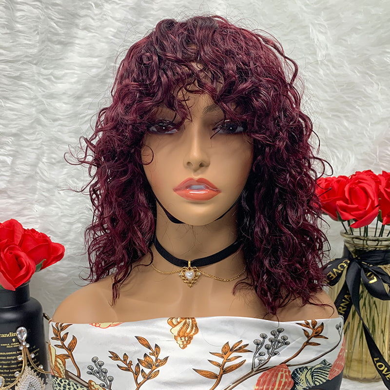 Bob Wigs Short Machine Made Wavy Human Hair Wig No Lace Fringe Water Wave Curls Wig