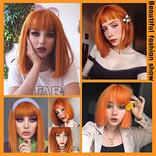 orange Machine Made Bob Wigs With Bangs head cover
