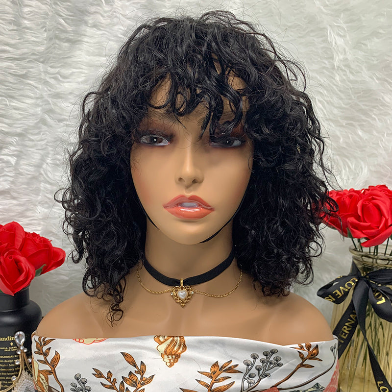 Bob Wigs Short Machine Made Wavy Human Hair Wig No Lace Fringe Water Wave Curls Wig