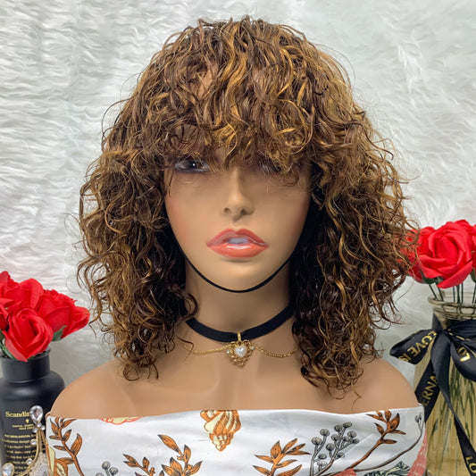 Bob Wigs Short Machine Made Wavy Human Hair Wig No Lace Fringe Water Wave Curls Wig