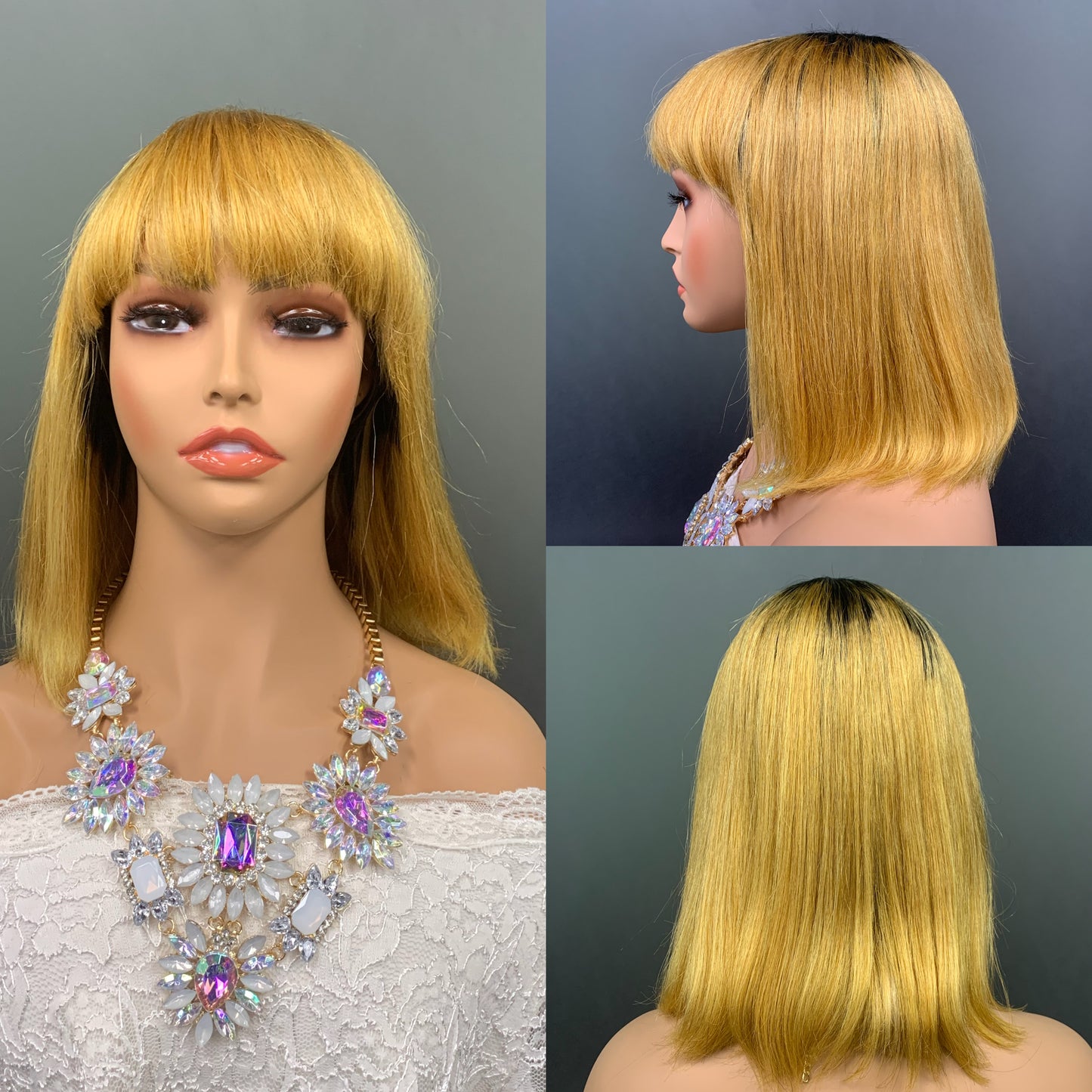 yellow Machine Made Bob Wigs With Bangs head cover