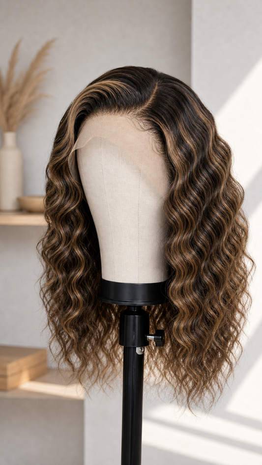 BONANZA Honey Brown Highlight Water Wave 13x4 Lace Front Wig mannequin view