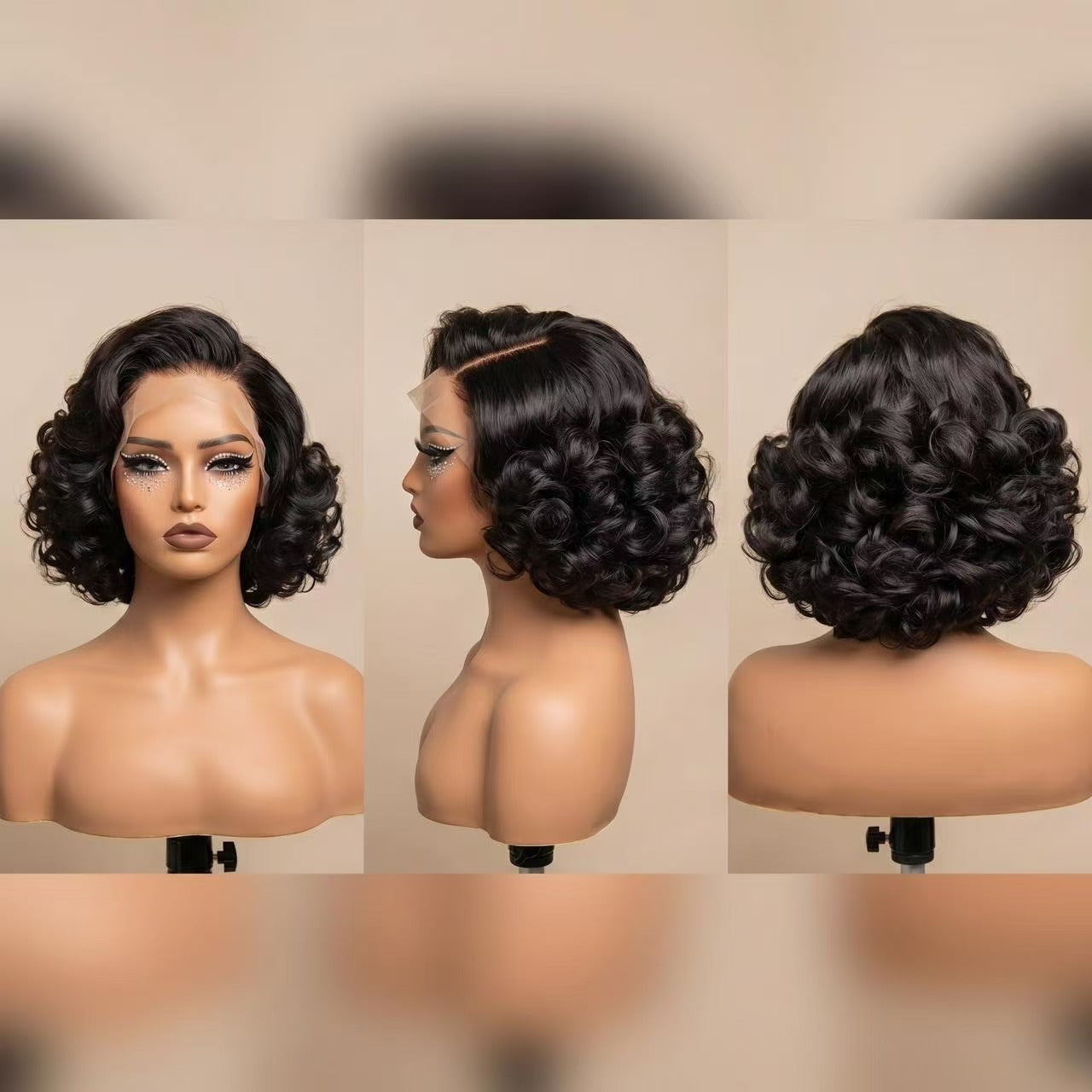 BONANZA short curly bob wig front side back views